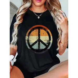 Women's 100% Cotton Fitted Short-Sleeve Round Neck Casual T-Shirt - Retro Vintage Distressed Peace Sign Streetwear Top for Summer Vibes