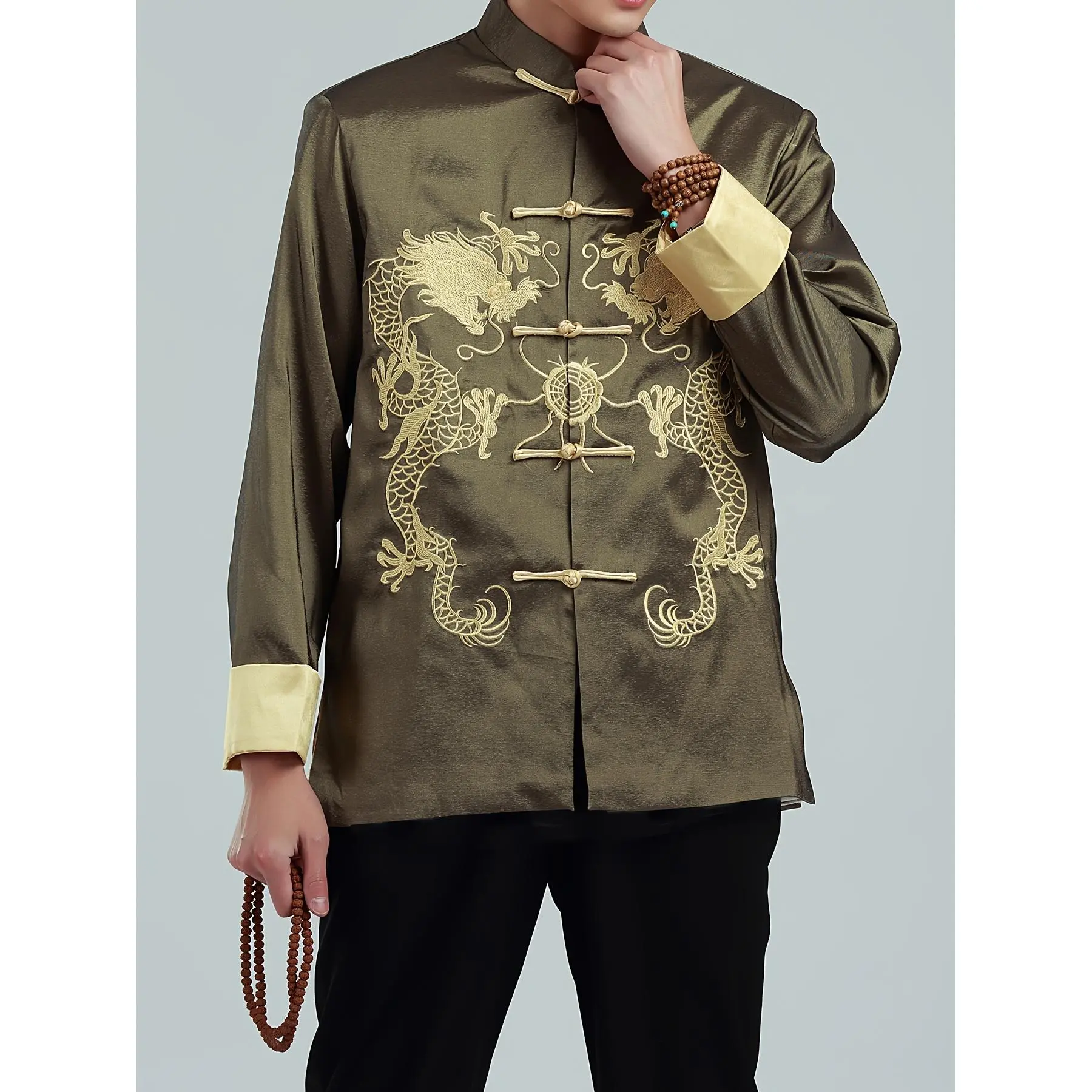 Men's Tang Suit Embroidered Double Dragon Jacket - Chinese Traditional Stand Collar Long Sleeve Coat with Golden Dragon Embroidery, Regular Fit for Spring/Autumn Cultural Events & Formal Attire, Chinese Size, Please Check The Size Guide Carefully