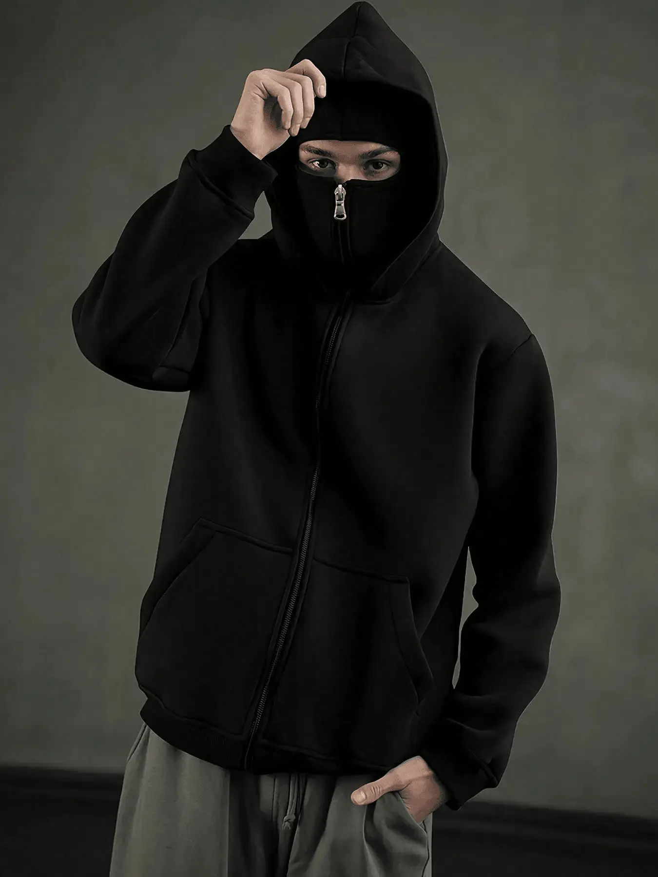 Men's Zip-Up Oversized Hoodie Sweatshirt - Casual Retro Street Style Cotton-Polyester Fabric Jacket with Fake-Layered Double Hood, Solid Baggy Windbreaker