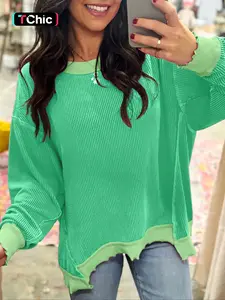 Spring & Fall Casual Women's Solid Color Twisted Ribbed Asymmetrical Hem Loose Drop Shoulder Long Sleeve Knit Top