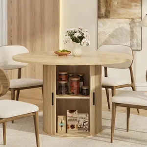 47" Round Dining Table for 4, Modern Kitchen Dinner Table with 2-Tier Hidden Storage Shelf & Sliding Doors, Heavy-Duty Wooden Pedestal Table for Dining Room, Black