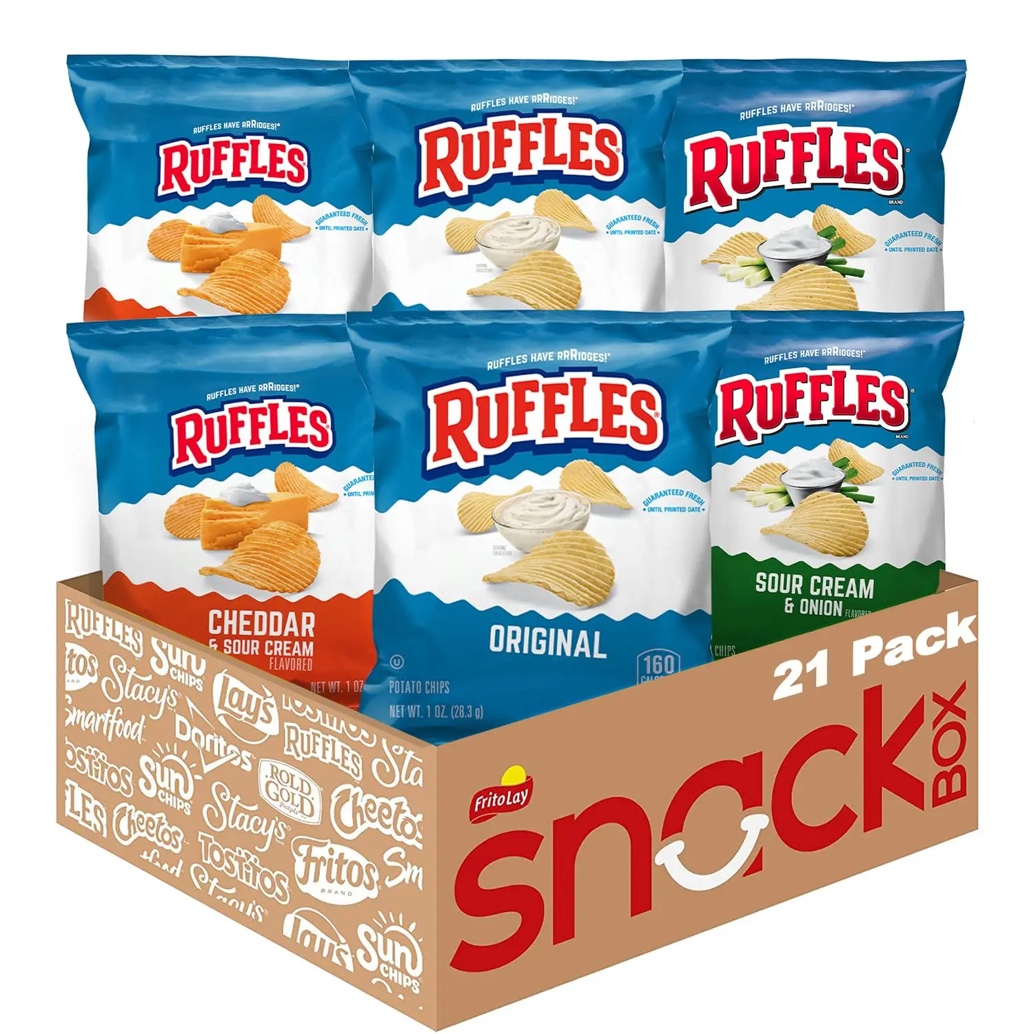 Ruffles Potato Chips, 3 Flavor Variety Pack, 1 oz Bags (Pack of 21)
