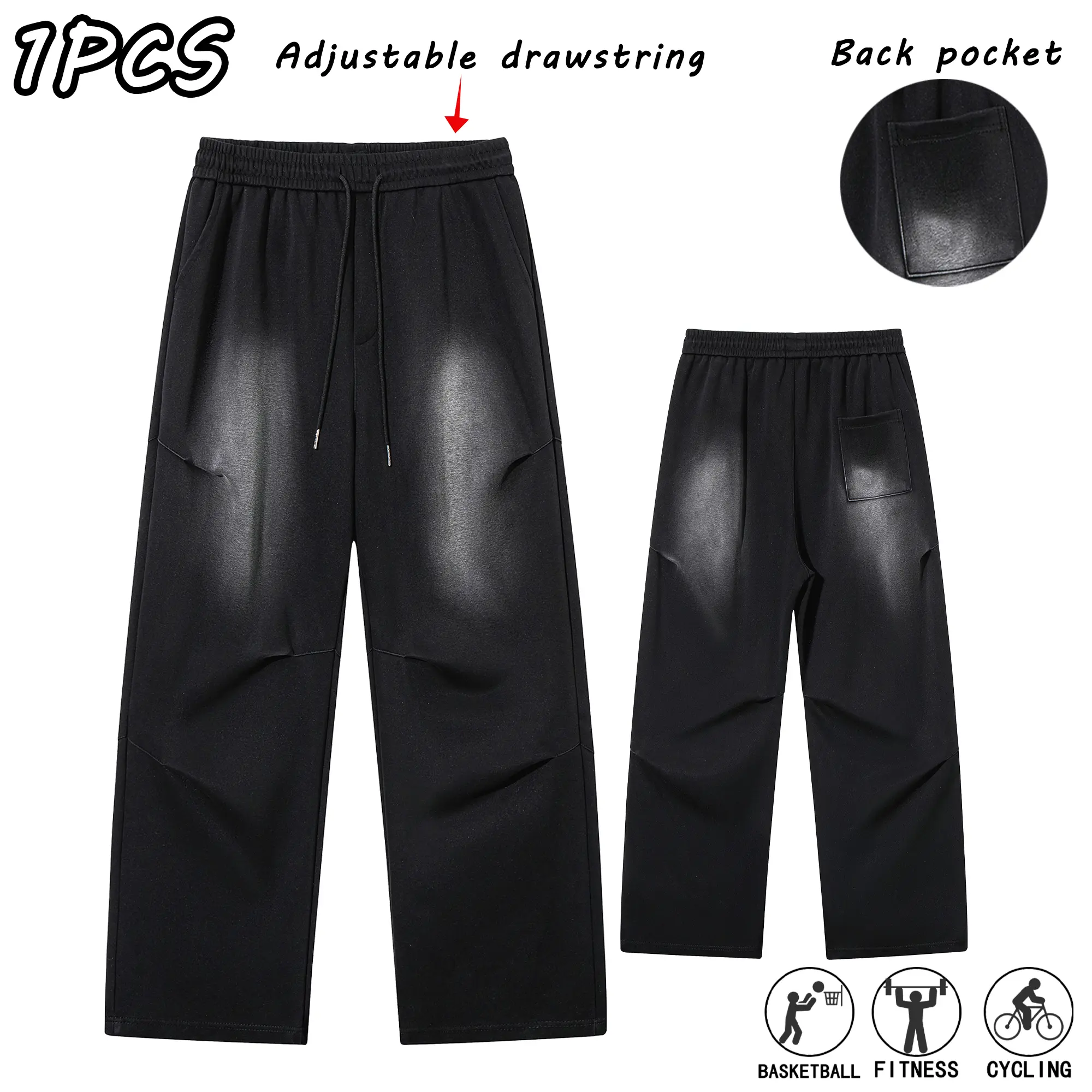 Men’s Black Gradient Fade Wide-Leg Sweatpants with Elastic Drawstring Waist, Casual Long Streetwear Outfits Joggers, Menswear for Everyday Wear, Commuting