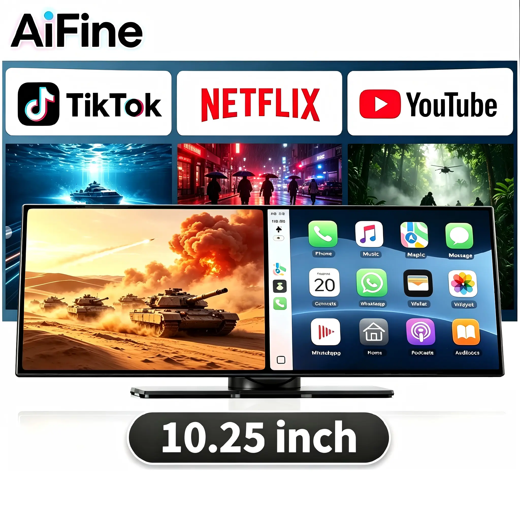 AiFine 10.25-Inch Portable Touchscreen Wireless CarPlay Display - Upgraded Full HD Touch Plug-and-Play Player, Supports 1080P Reverse Camera, Split-Screen, Real-Time Navigation, Voice Assistant, iOS 10+, Android 11+, Netflix/TikTok/YouTube Streaming