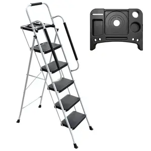 5 Step Ladder with Handrails Folding Step Stool with Tool Plateform, 330 lb Capacity Step Stools for Adults Portable Ladder for Home Kitchen Steel Frame with Non-Slip Wide Pedal, White