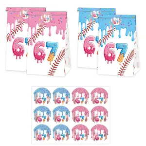 12pcs Ice Cream Baseball Paper Gift Bags, Trendy 67 Ice Cream Print, Perfect for Party Candy Bags, Birthday Decorations, Wedding Snack Bags