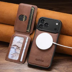 Suteni Magnet Wireless Charging Faux Leather Phone Case, Card Holder Stand for iPhone 17/pro Max/16+/15-12, Unisex Gift for Family & Friends