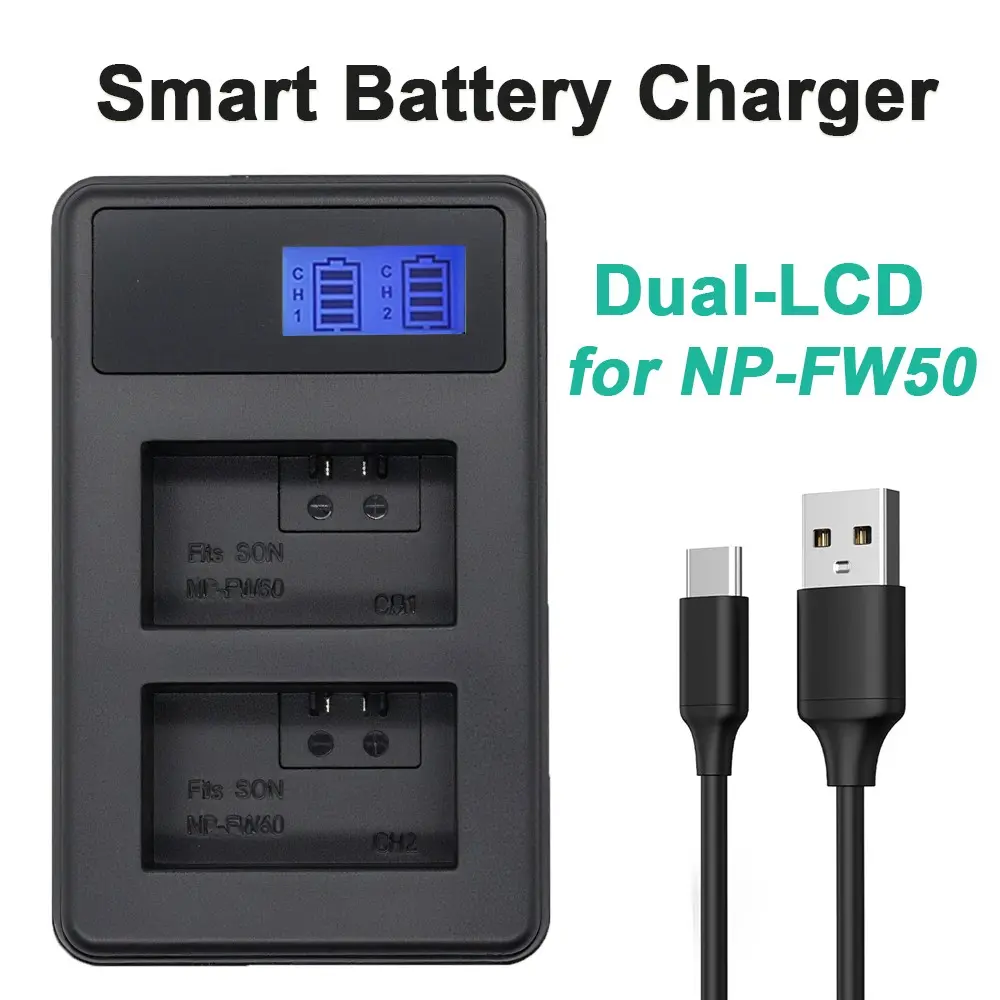 1Pcs NP-FW50 Dual Slot Camera Battery Charger, LCD Display Screen, Suitable for for Sony NP-FW50 W Series Battery, ZV-E10, Alpha A7, A7 II, A7R, A7R II, A7S Battery charger for DSLR camera, Charging (product does not include battery)