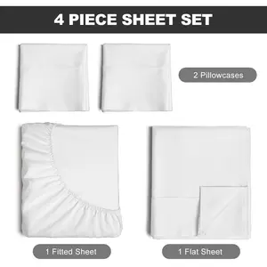 Solid-Color Polyester 4-Piece Bedding Set (White / Queen) | Flat Sheet + Fitted Sheet + 2 Pillowcases | Pure White & Minimalist — Durable, Washable, and Wrinkle-Resistant | Versatile Fit for Large Double Beds, Master Bedrooms, and Vacation Rentals