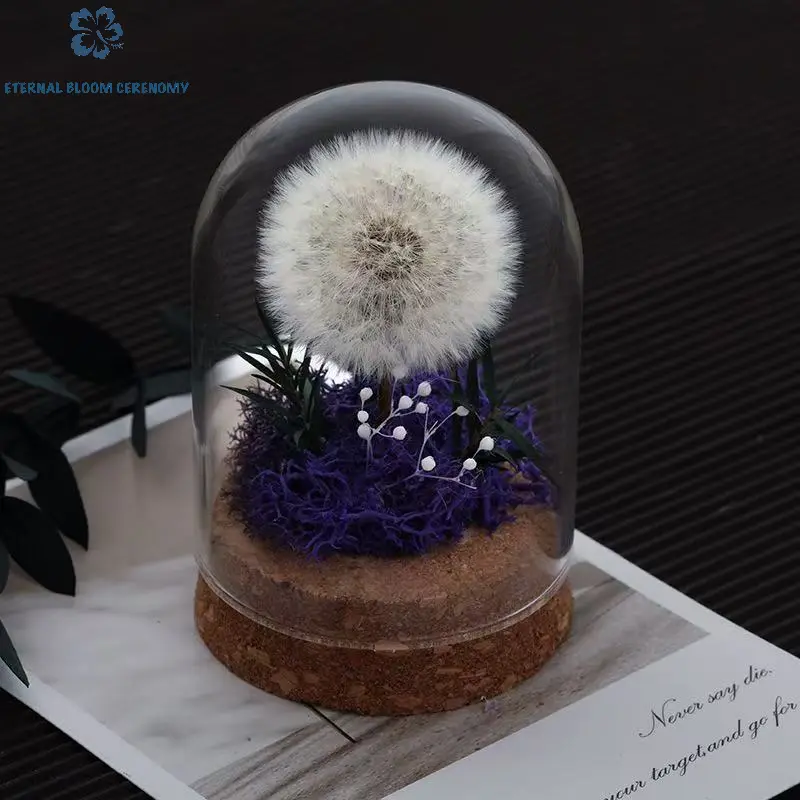 Preserved Dandelion Decorative Flower Artificial Potted Plant with Moss in Glass Dome - Outdoor Decor, Home Ornaments, Ideal Mother's Day Wedding Gift for Women
