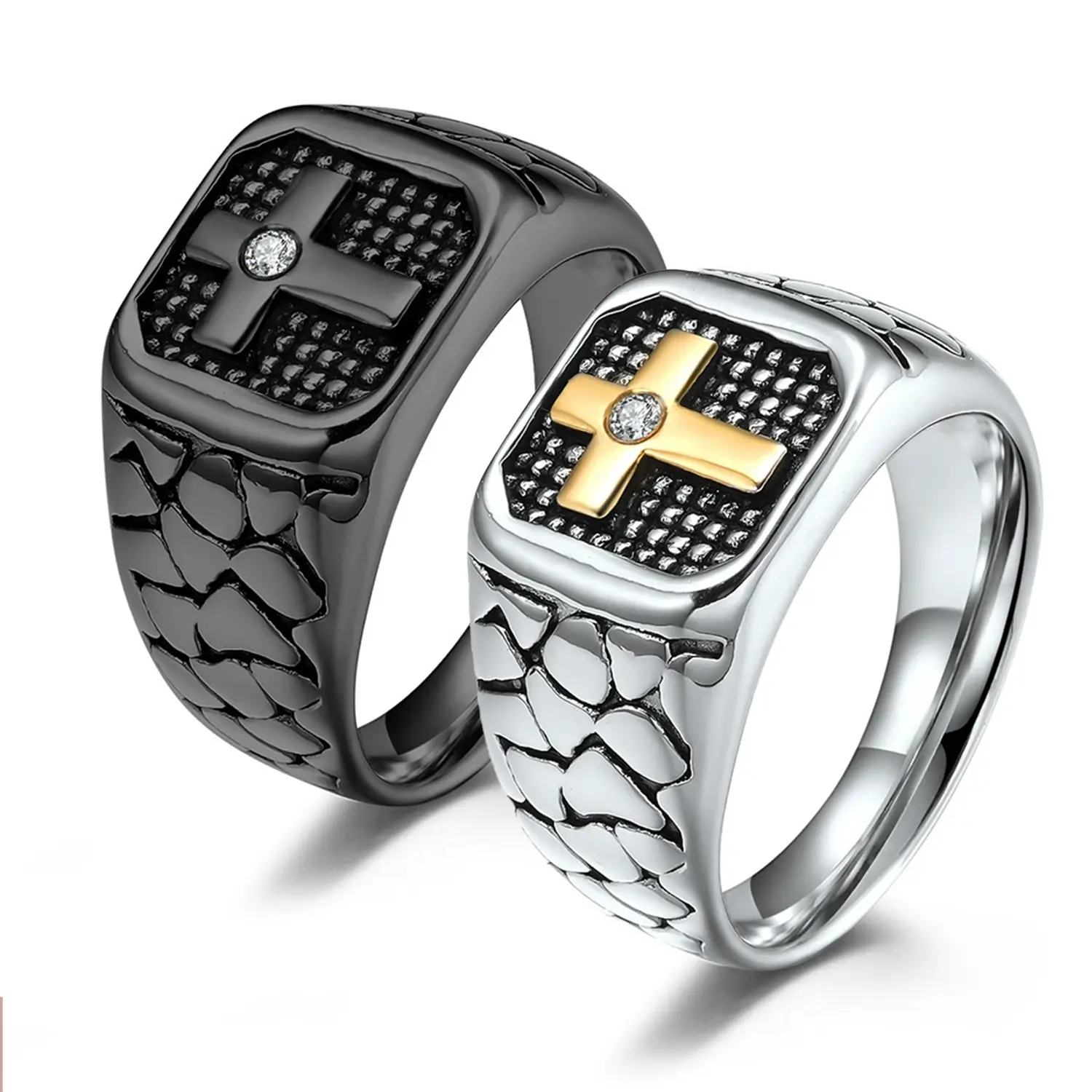Stainless Steel Male Marquise Ring Stack, Simple Elegant Business Textured Band with Crucifix Motif, Religious Symbol Ring for Daily Casual Wear Fashion Costume Jewelry Accessory, Crucifix Motif Rings