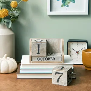 Wooden Perpetual Block Calendar for Desk, Wood Month Date Display Blocks for Teachers, Students, Classroom, Rustic Farmhouse Office Decor, Desk...