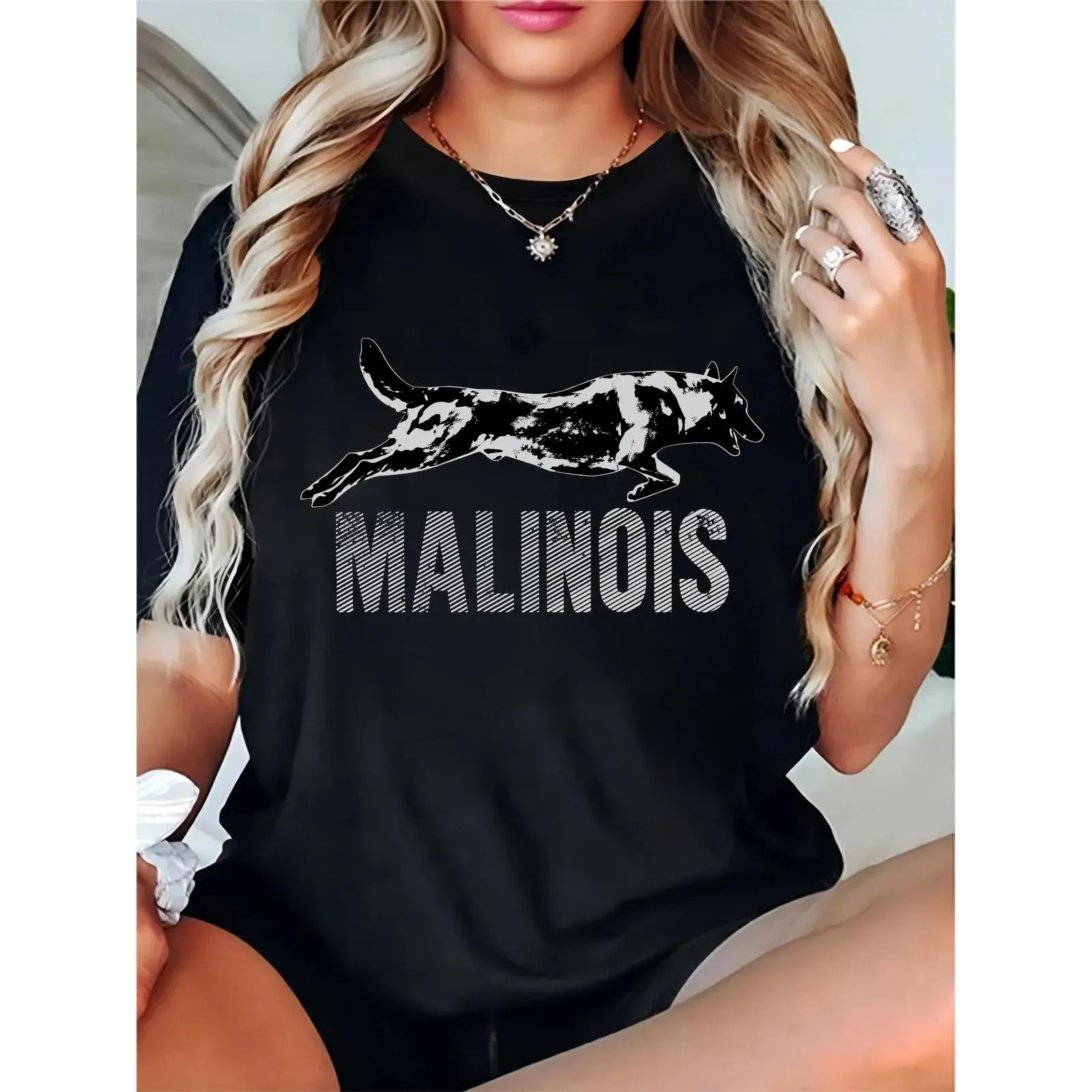 Women's Basic Comfortable Short-Sleeve Black T-Shirt with White Malinois Dog Graphic, "MALINOIS" Text - Casual Day Apparel for Dog Lovers, Fit, Cotton, Essential, Elegant, Prints, Ladies, Feminine, Round Neck, Simple, Tee