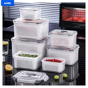 2 sets of household transparent plastic food storage boxes, including drainage baskets, refrigerator large fruit containers with detachable filters, leak proof fresh food storage containers, dishwasher and microwave safe