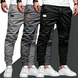 3-pack men’s outdoor loose cargo pants — polyester fabric, adjustable drawstring waist design, leather tag detail, available in multiple colors, stylish casual, lightweight and breathable, suitable for hiking, camping, and everyday casual wear, Menswear,