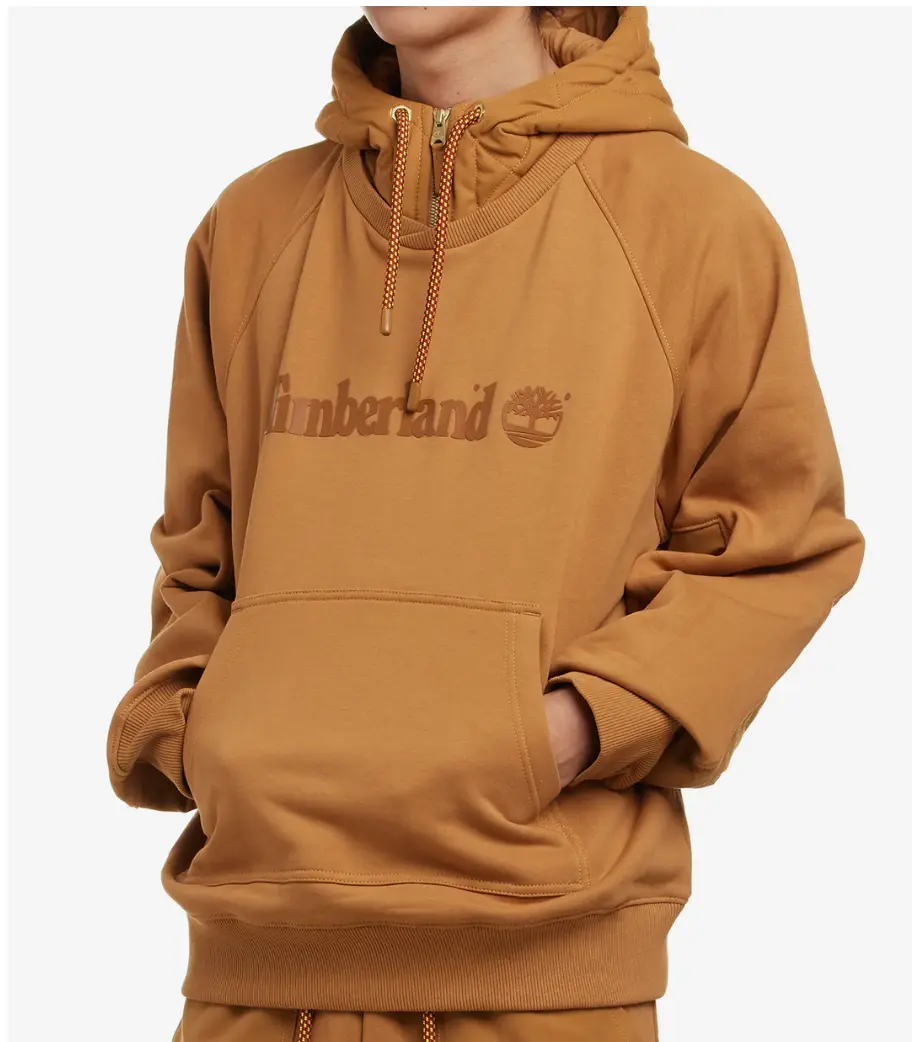Timberland x Humberto Leon Men's Quilted Cotton Pullover Tops, Oversized Hoodie with 3D Logo, Zipped Hood and Kangaroo Pouch, Sweatshirts, Menswear, Pocket, Casual, Long Sleeve, Zip Up Hoodie, Quilted Panels, Transseasonal, Machine Wash