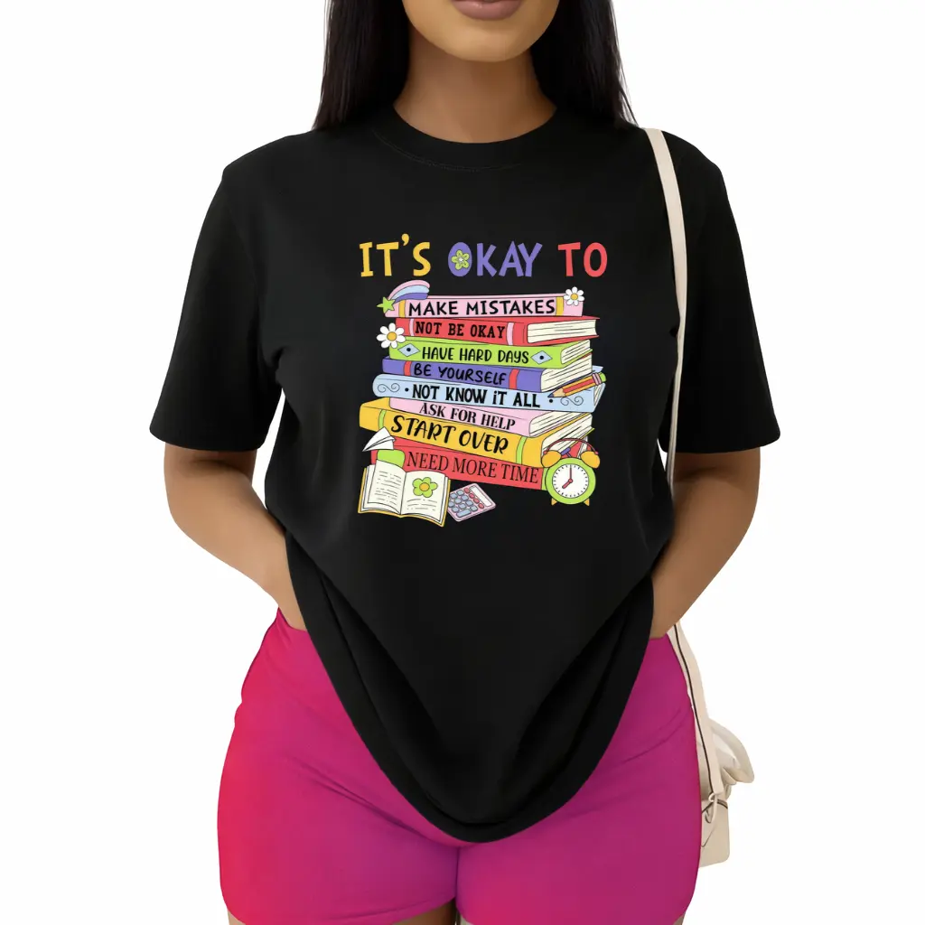 Women's Short-Sleeve Print Top - It's Okay To Make Mistakes Mental Health Awareness T-Shirt, Casual Crew Neck Fabric Apparel, Inspirational Self-Compassion Gift for Students