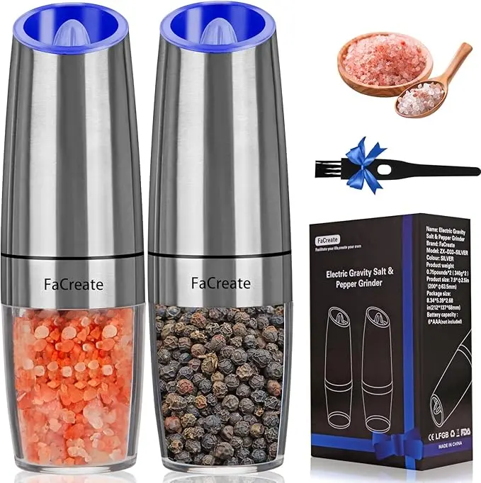 Gravity Electric Salt and Pepper Grinder Set,Battery Powered Automatic Operation Electric Salt and Pepper Shakers,LED Light Adjustable Coarseness Premium Stainless Steel Mill of 2 (SILVER)