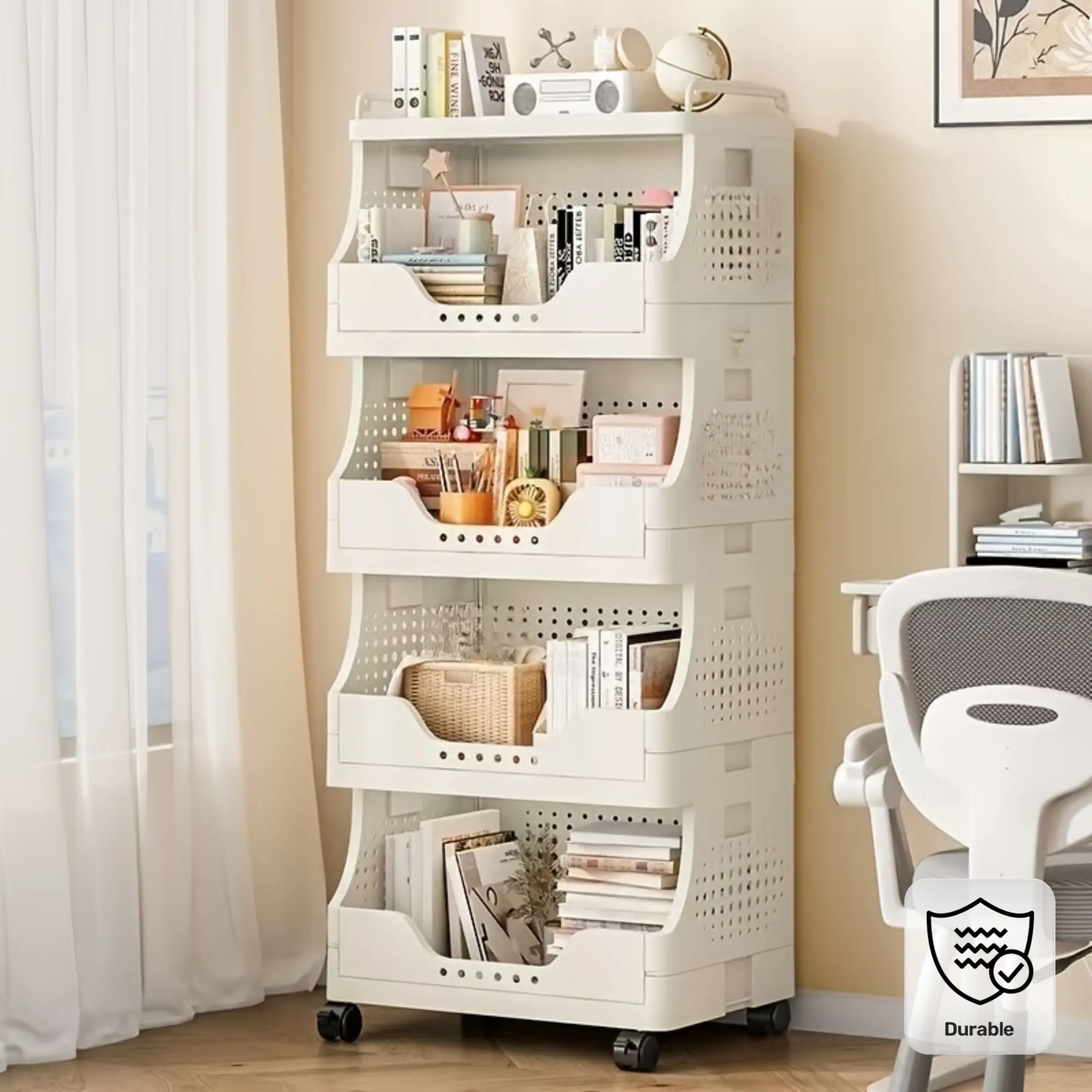 1pc Multi-Layer Foldable Storage Rack-Stackable Plastic Organizer, Space-Saving Kitchen and Laundry Cart for Kitchenware, Books, and Dirty Clothes, Laundry Room Organizer, Foldable Design, Kitchen Storage Cart, Durable Construction, Apartment Living.