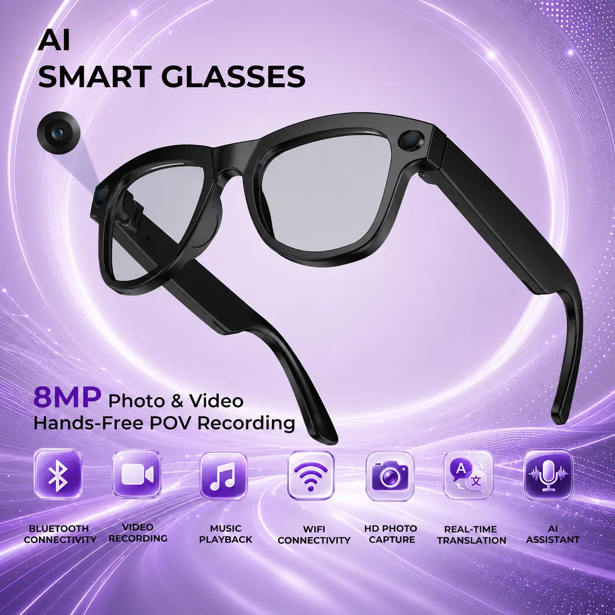 Adult Unisex AI-Enabled Intelligent Audio Smart Glasses with 8MP Camera, Magnetic Charge, Bluetooth Calling, Open-Ear Audio, App Translation, Hands-Free Recording, Green Lens, Anti-Shake Dual Stabilization for Travel, Daily Use
