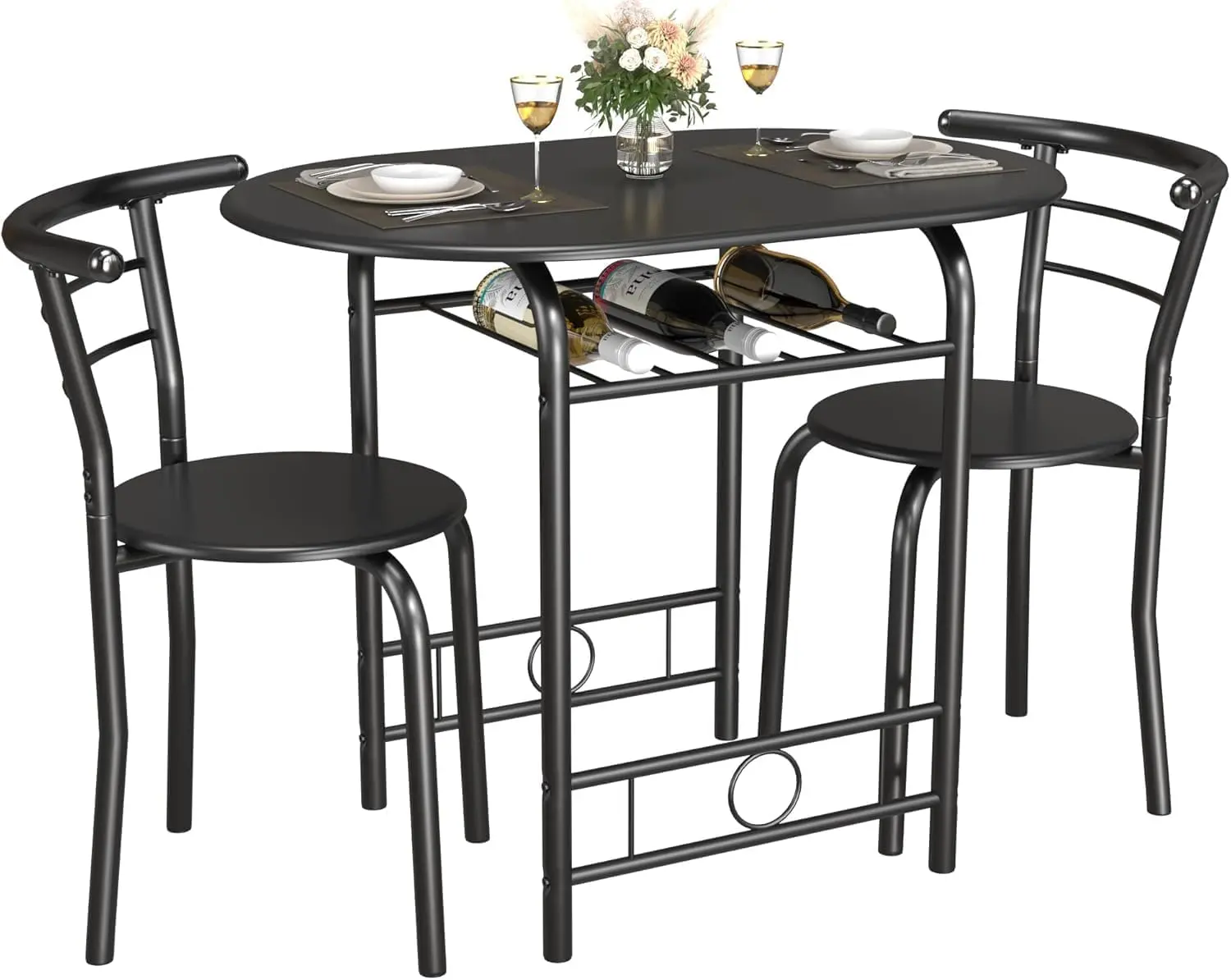 【Father's Day Gift】3-Piece Wooden Round Table & Chair Set, Space Saving Kitchen Breakfast Nook Wood Grain Tabletop with Metal Frame and Built-in Wine Rack for Kitchen, Dining Room (Black)