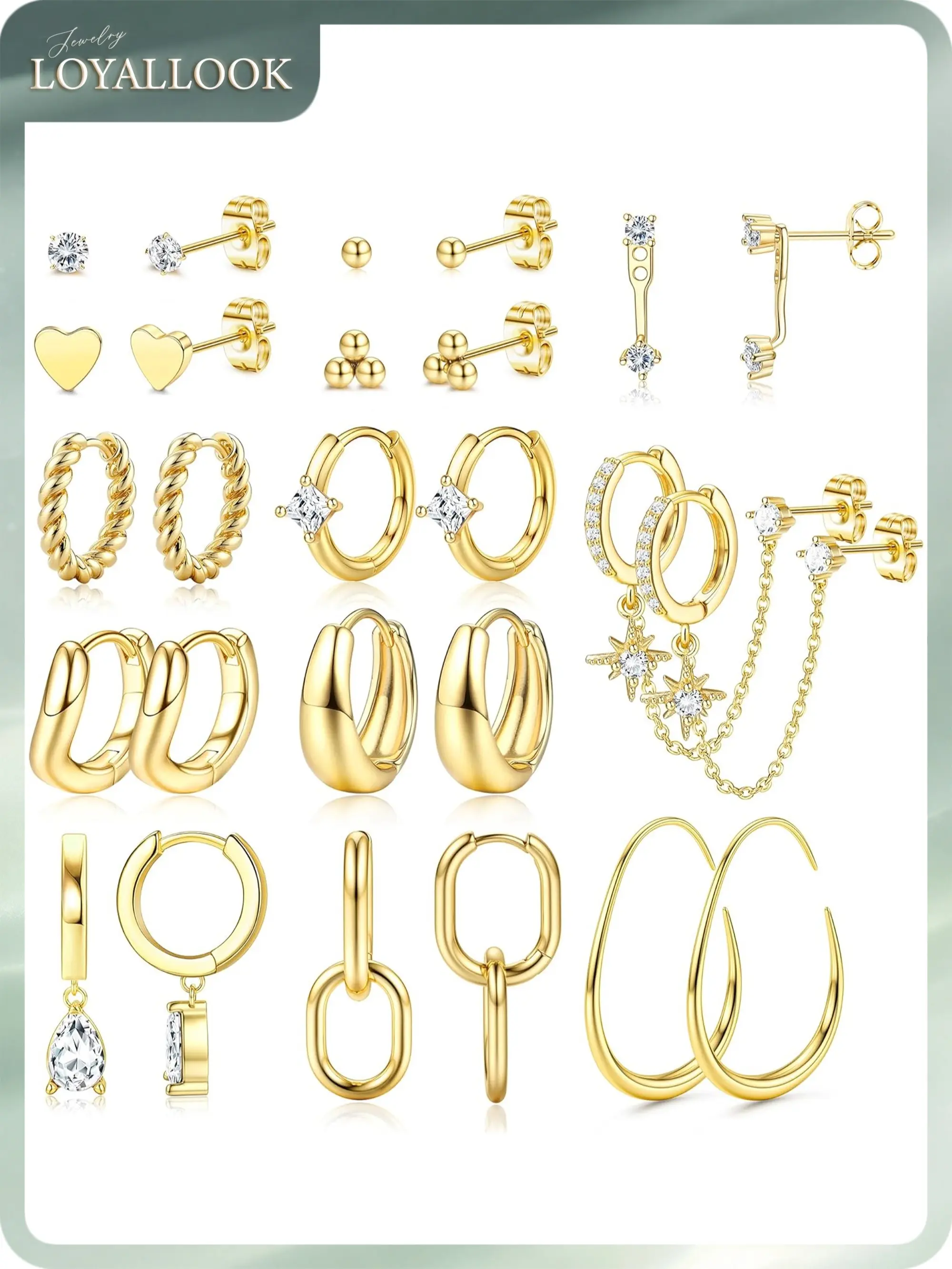 LOYALLOOK 13Pairs Small Hoop Earrings for Women - Hypoallergenic 14K Gold Plated Stud Huggie Earings Stacks Set for Multiple Piercing Dainty Non Tarnish Cartilage Jewelry Pack Trendy Lightweight Gift