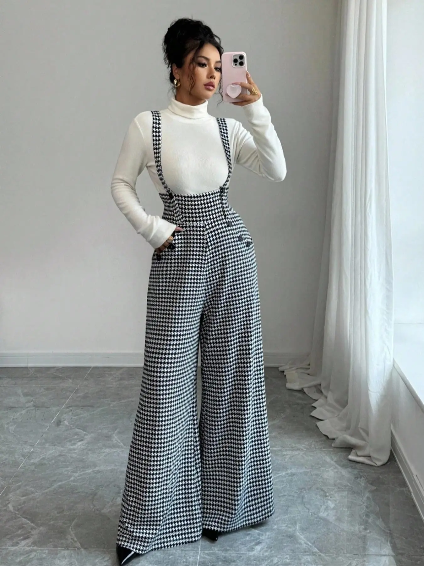 Women's Houndstooth Knit Wide Leg Pants, All Season Pants, Spring & Fall Fashion, Chic Casual Fit, Casual Pocket Waist, Loose-Fitting with Pockets and Button, Elegant Daily Commute Wear, Casual Style Bottoms