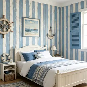 Coastal Blue Striped Self-Adhesive Wallpaper, Vintage Wood Grain Removable Wall Paper, Nautical Farmhouse Style, Kitchen Bedroom Living Room Furniture Renovation