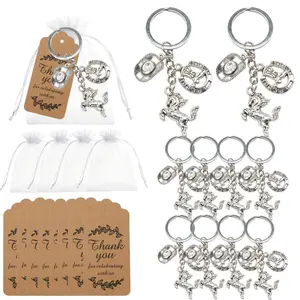 12 Sets Western Cowboy Keychain Favors, Keychain Collectibles, Horse, Cowboy Hat & Horseshoe Charms, Organza Bags, Thank You Tags, Western Themed Parties