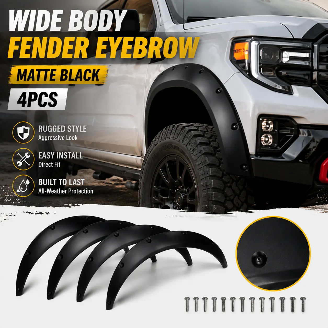 4PCS Matte Black Rivet-Style Universal Flexible Fender Flares, Wide Body Wheel Eyebrow Trim & Arch Protector, DIY Modified Auto Replacement Part For Trucks, SUVs
