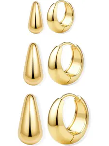 3Pairs 14K Gold Plated Hoop Earrings Set for Women Chunky Tear Drop Earring Silver Plated Hypoallergenic Small Huggie Hoops Lightweight Tiny Thick Trendy Hoop Earrings Stacks Earring Stacking Set for Multiple Piercing