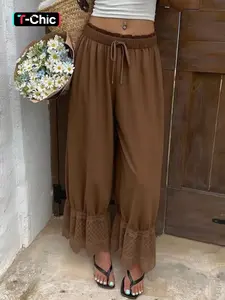 Women's Lace Patchwork Loose Pants, Boho Casual Trousers, Chic Elegant Simple Aesthetic Style for Daily Vacation Party Shopping, All-Season Bottoms, Casual Fit Womenswear