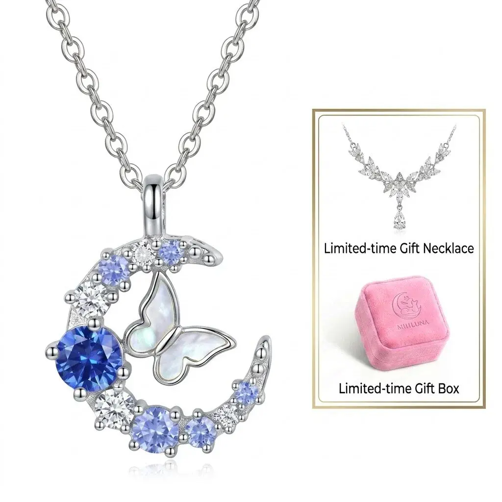 Women's Moon Butterfly Pendant Necklace - Non-Tarnish Aluminum Minimalist Crescent Moon Necklace with Zirconia Stone Pendants, Dainty Celestial Choker for Daily Wear, Girlfriend Gift BUY 1 GET 3