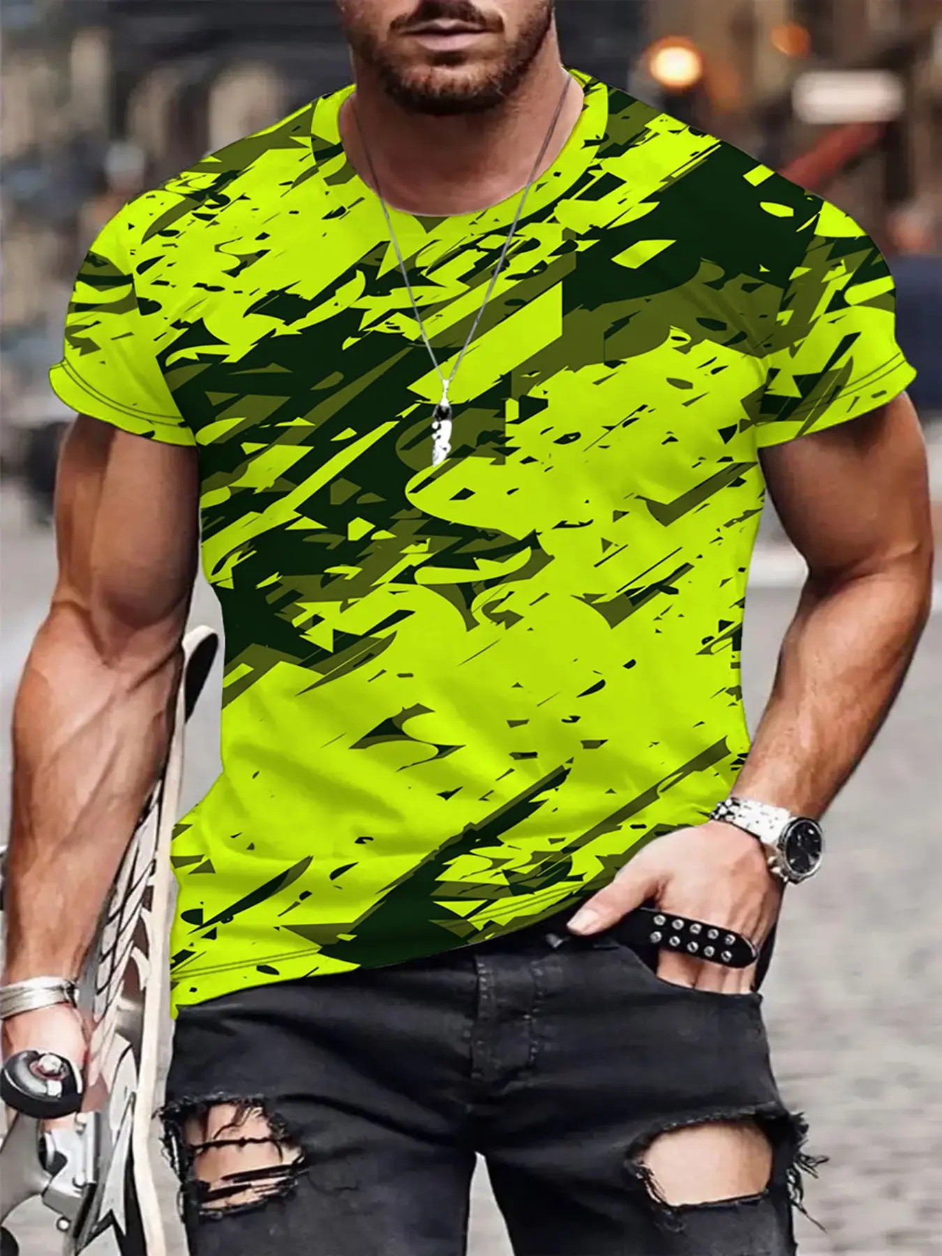 Fluorescent Camouflage Print Men's Short Sleeve T-Shirt, Summer Trendy Round Neck Top, Fashion Casual Male Clothing