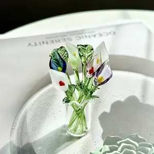 1pcs Handcrafted Glass Calla with Stem And Vase Hand-Blown Mini Glass Flower Decoration Elegant Artificial Plants Home Living Room Office Floral Ornament for Mom Birthday Gifts for Women Valentine'S Day Gift