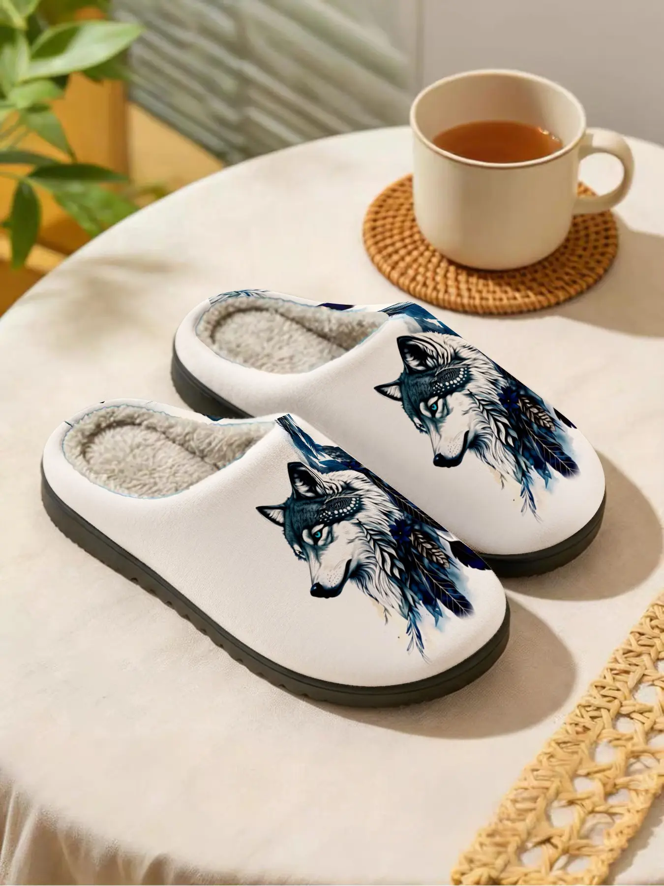 Wolf Feather | Wild & Cool 1 Pair Faux Fur Lined Non-Slip Home Plush Slippers For Wild Style Men & Women (Autumn/Winter)