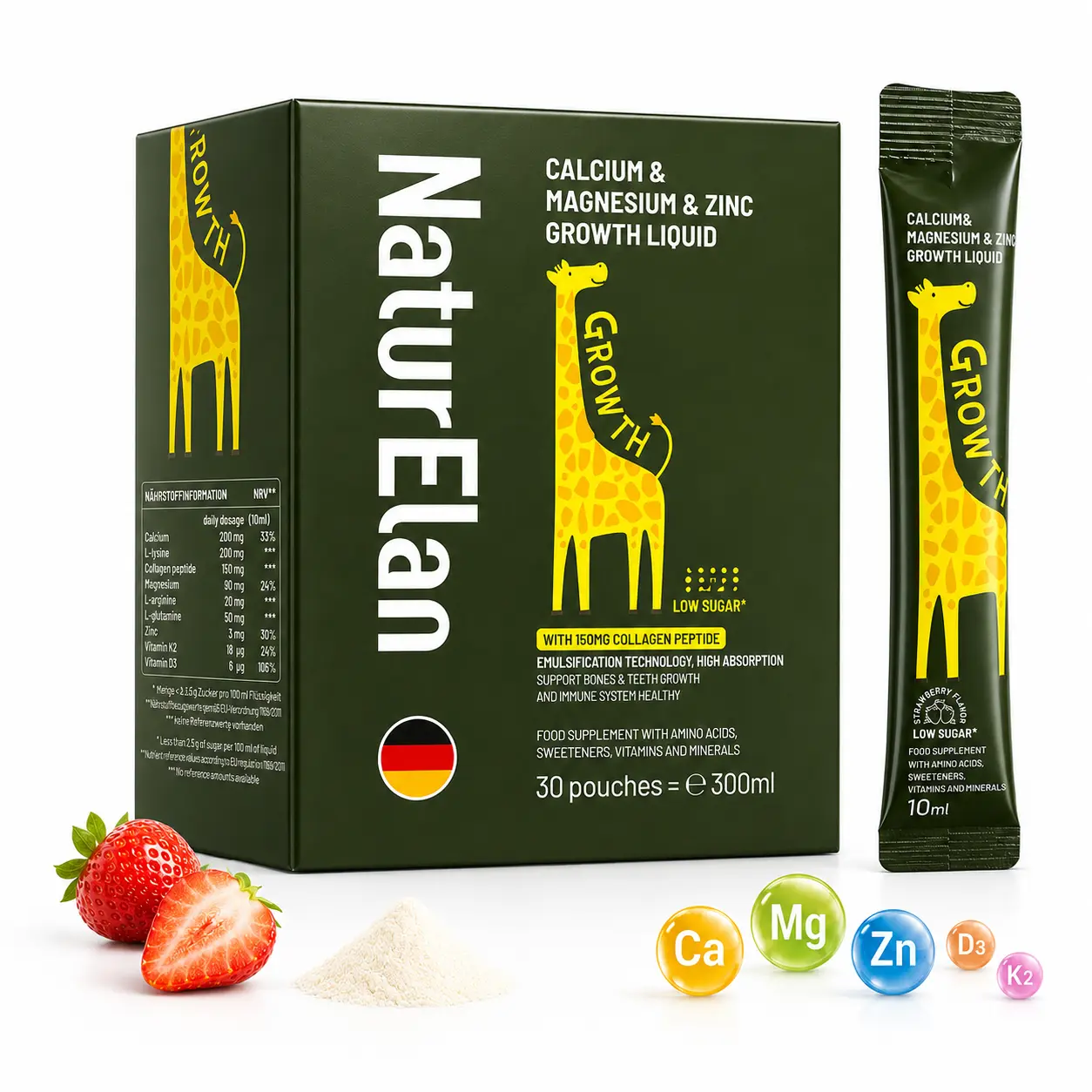 NaturElan Kids Calcium Magnesium Zinc Liquid | Bone Health Support, Vitamin D3 + K2, Collagen Peptides, Strawberry, 30 Sachets