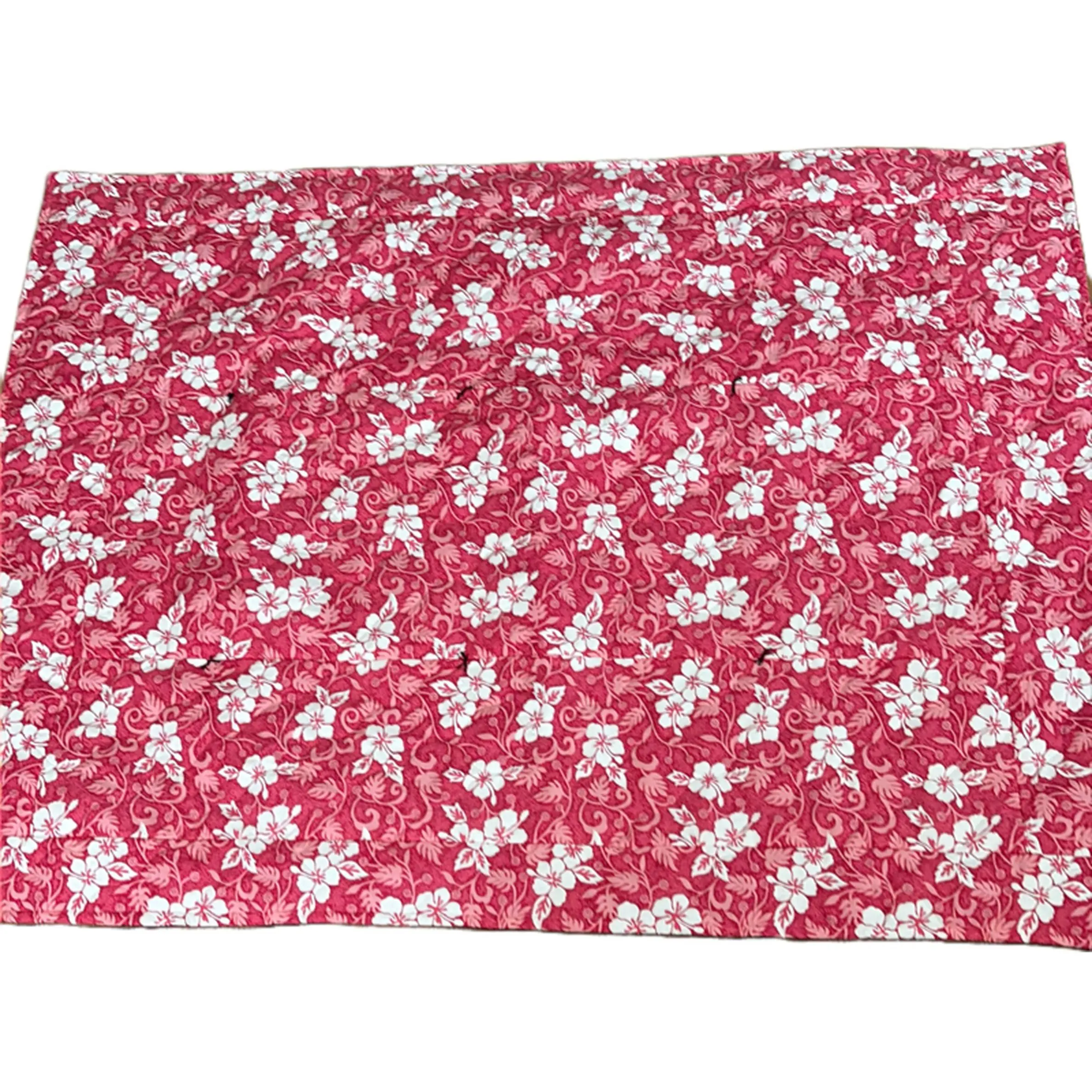 Hawaiian Quilted Pink and White Hibiscus Flower with Black Sheet Backing 66.75 x 49.75 Inches