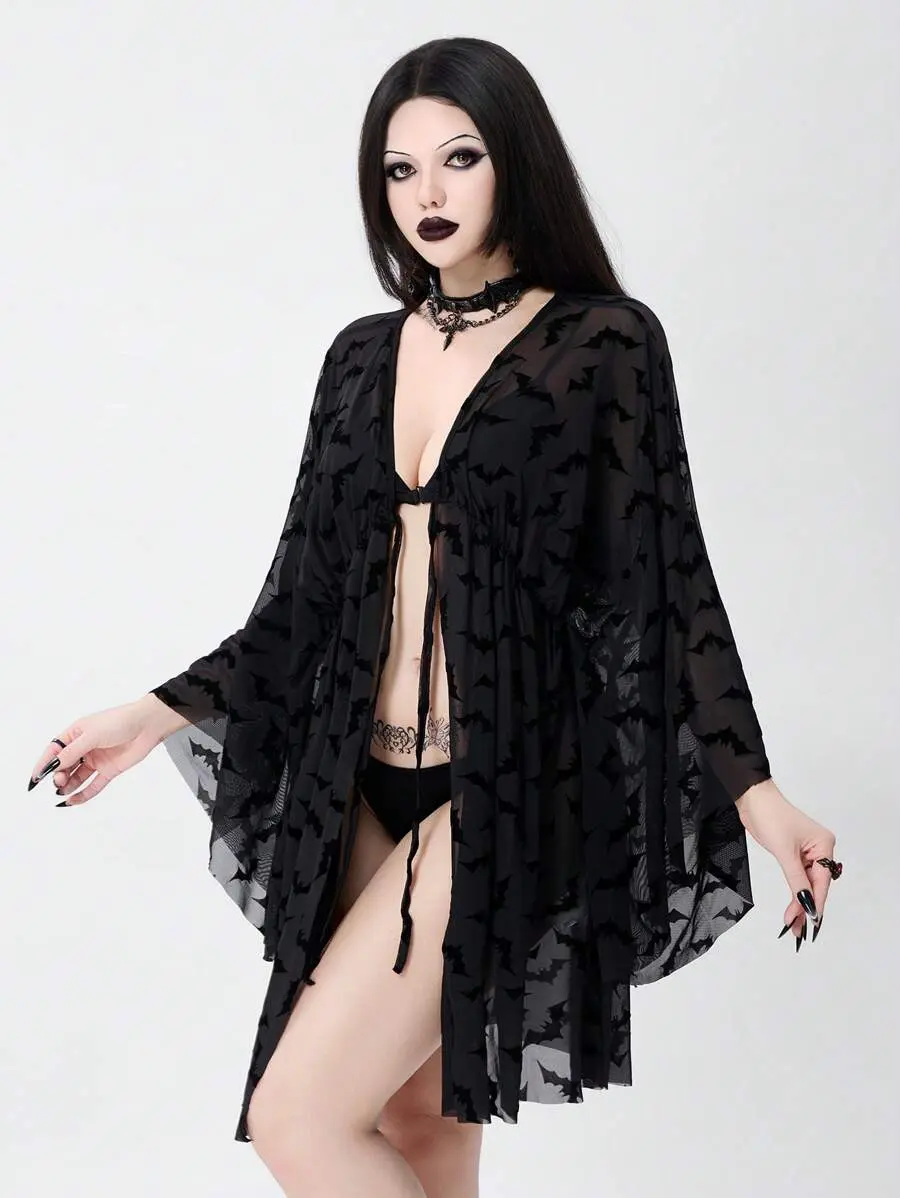 INAWLY Goth Women's Summer Vacation Sheer Loose Bat Print Kimono Cover Up, Halloween