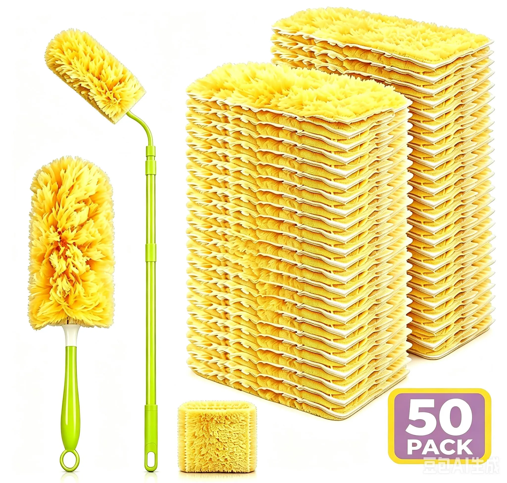 50 Count Heavy Duty Duster Compatible with Swiffer Duster, Disposable Microfiber Duster Refills with 1 Short Handle and 1 Extendable Handle