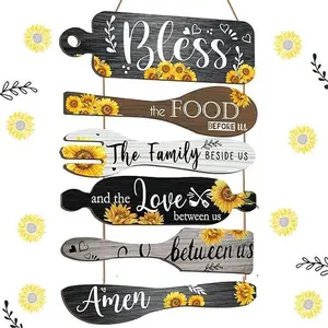 6 Pieces Kitchen Wall Decor Bless the Food Before Us Sign sunflower Farmhouse Dining Room Decor Rustic Wooden Signs Collage Wall Art Vertical Wall Hanging Plaque for Kitchen Room Home