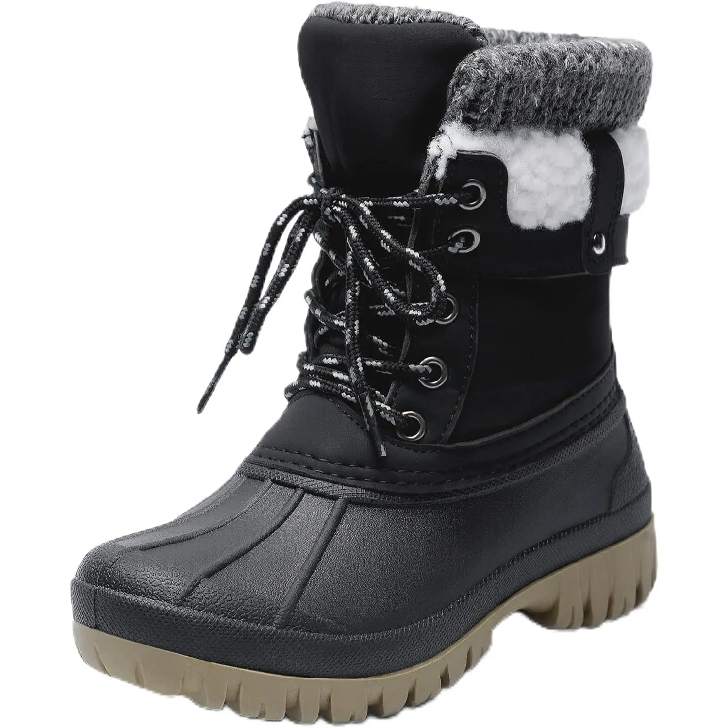 SHOESLOCKER Boys' Winter Snow Boots - Black PVC Material, Waterproof, Warm, Anti-Slip, Faux Fur Lined, Round Toe; Men's Wide Slip-On Loafers with Arch Support; Women's Western Cowboy Boots