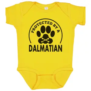 Protected By A Dalmatian Funny Baby Bodysuit (Yellow)