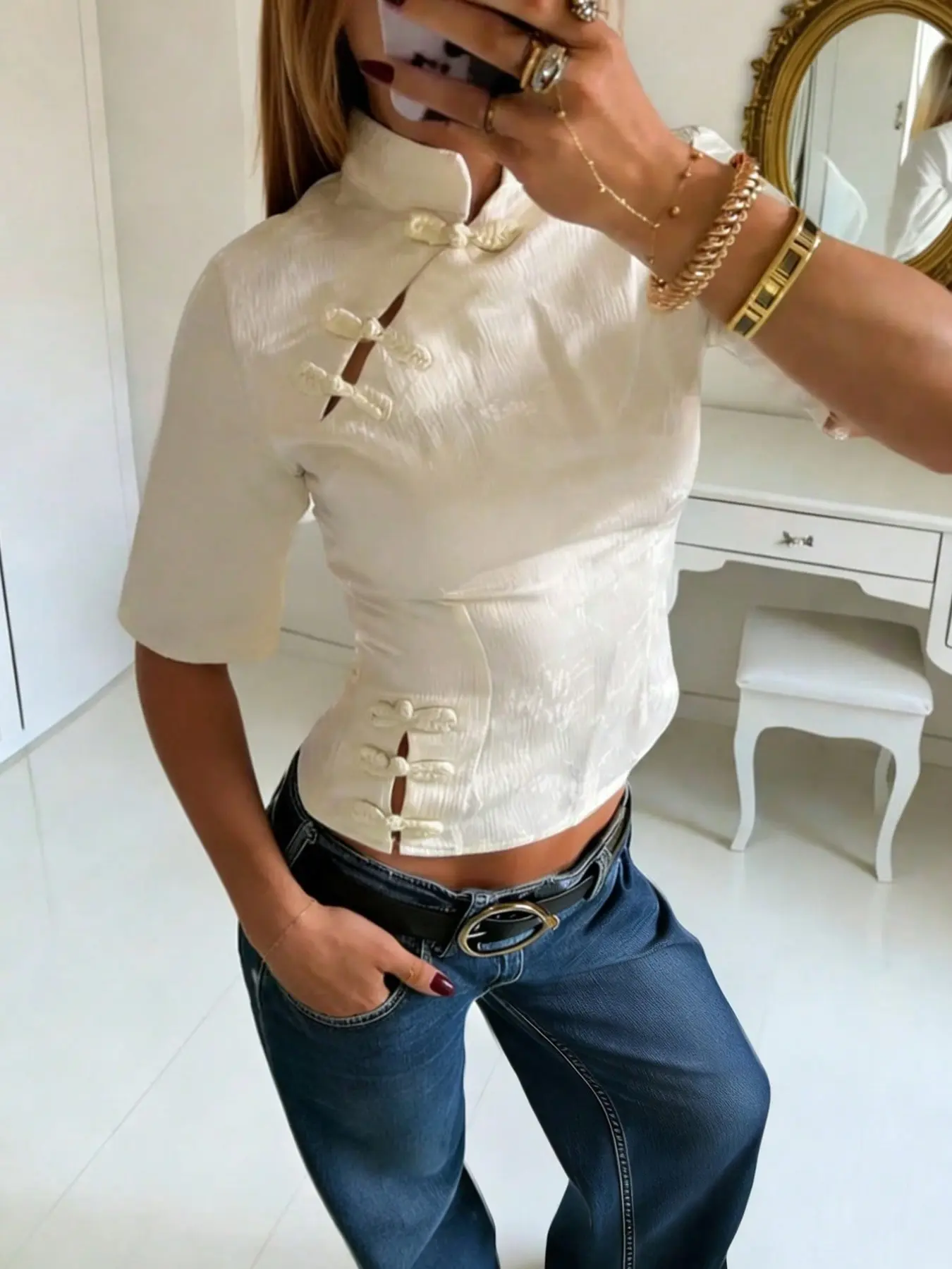 Women's Spring Summer Fashion Casual Chinese Button Front Design Blouse Tops Shirt, Floral Embroidery Stand Collar, Slim Fit Waist Cinch, Elegant Dress