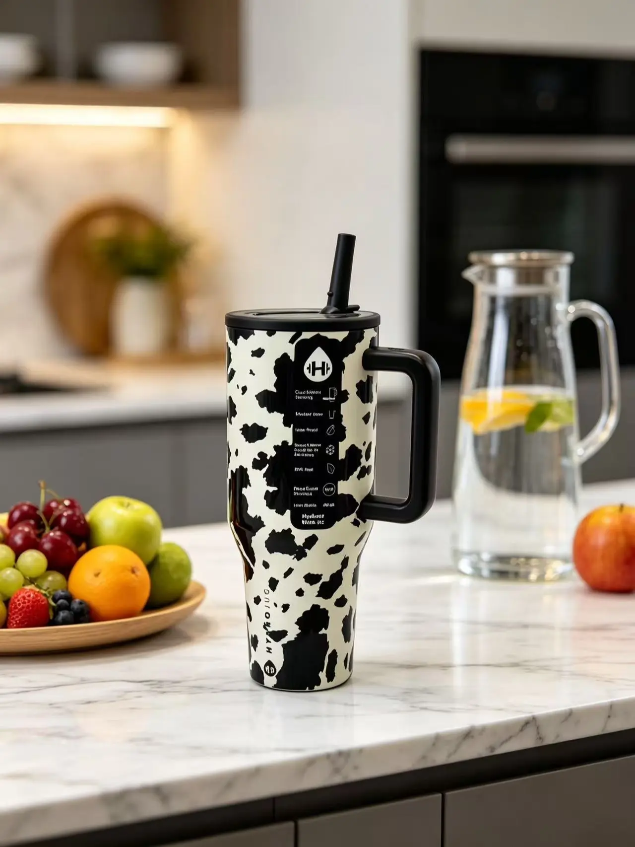 HydroJug 40oz  Traveler Cow Print Insulated Tumbler with Handle & Straw Lid, Stainless Steel Leakproof Travel Water Cup