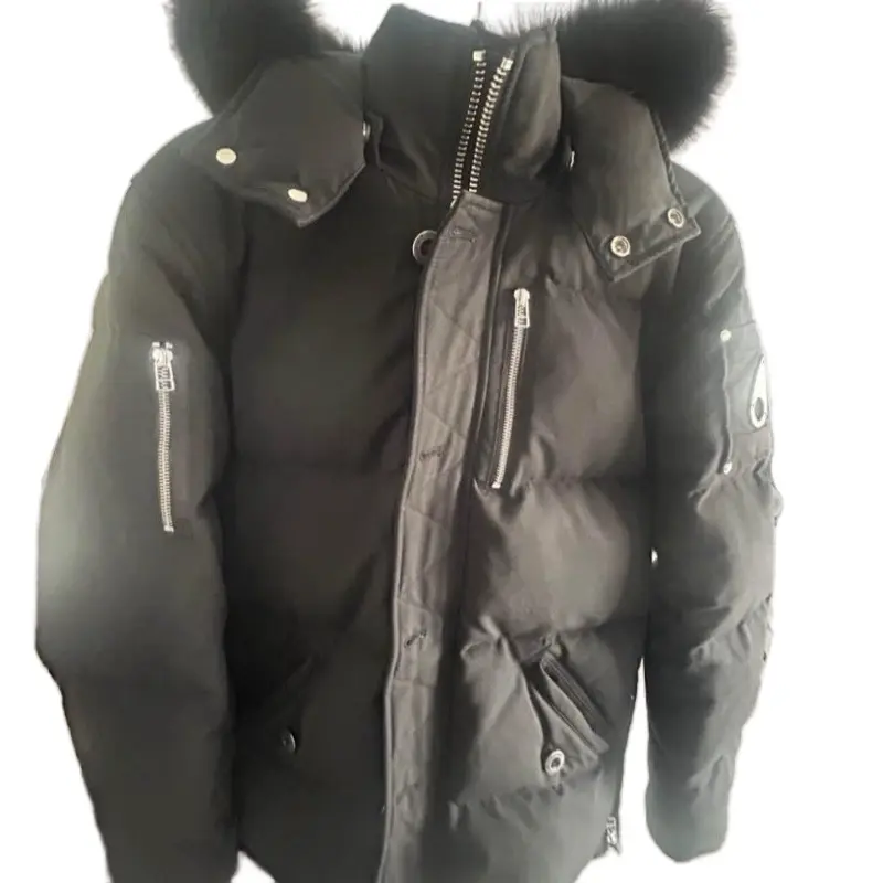 Moose Knuckle Winter Coat with Front Zipper Closure, Hooded Design, and Button Detailing