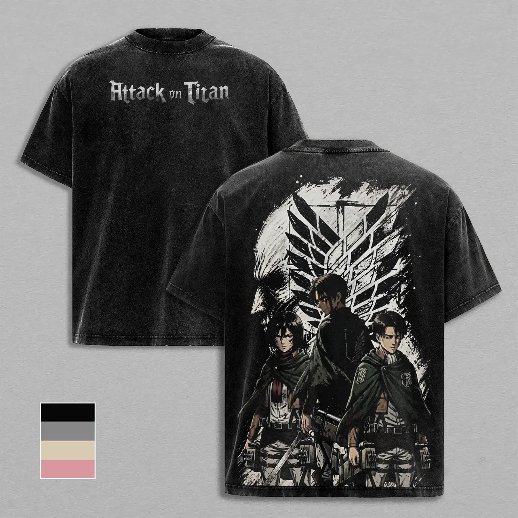 Men's Attack on Titan Vintage Washed Streetwear T-Shirt - Survey Corps Anime Prints Top, Eren Yeager Mikasa Ackerman Levi Ackerman Apparel, Manga Lover Gift, Comfy, Shortsleeve, Oversize, Classic, Cotton, Menswear, Seamless, Soft, Oversized, Stylish, All,