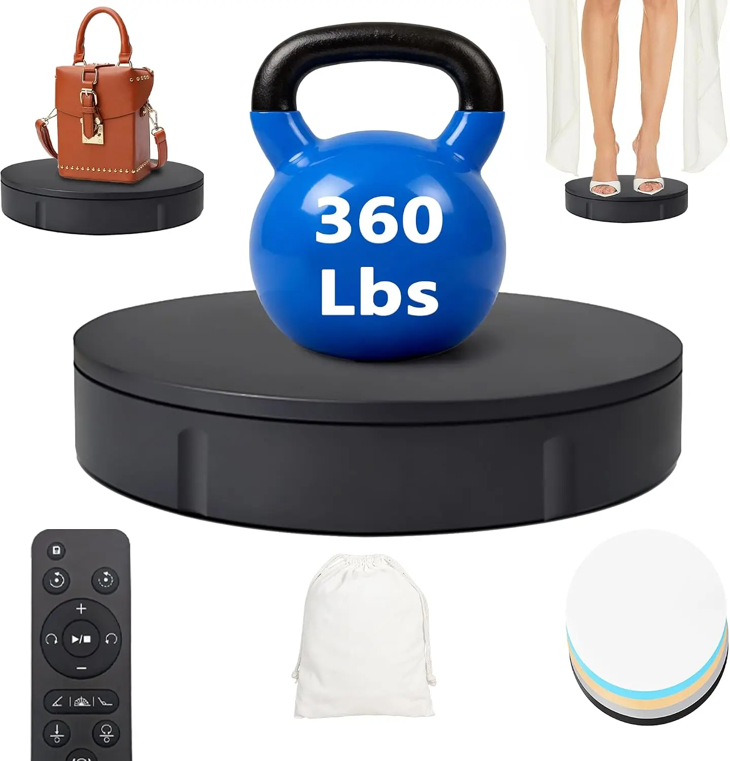 Rotating Display Stand 12 Inch 350lbs Motorized, 360° Electric Turntable with Adjustable Speed, Silent Smooth Remote Control for Product Photography & Showcase, 5 Color Surface Covers & Carry Bag