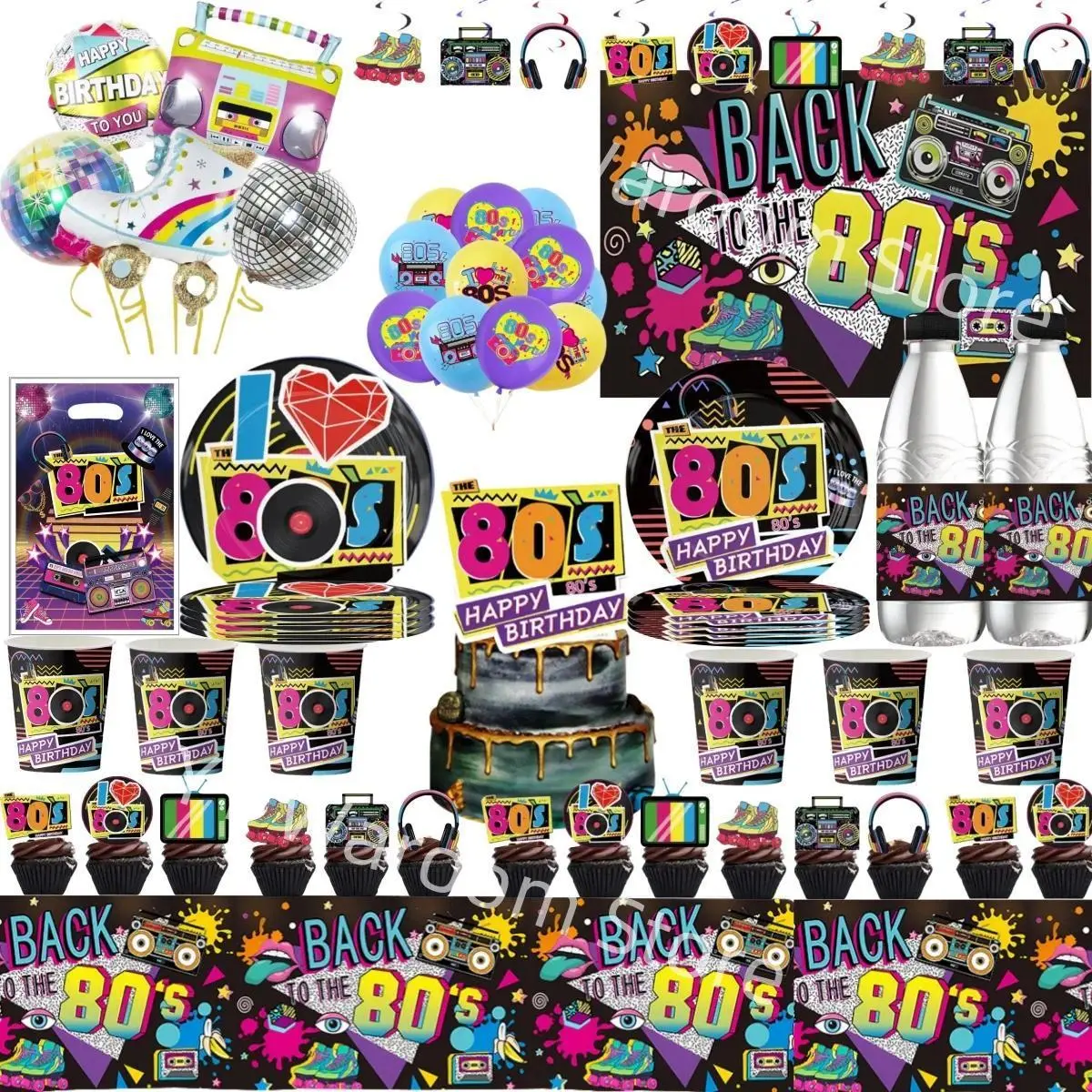 Hip Hop 80‘ Birthday Party Decoration 1980s Disposable Tableware Plate Cup Retro Disco Balloon Back to 80s Adults Party Supplies