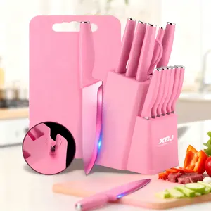 The Ultimate 15-Piece Kitchen Knife Set | Professional Chef, Santoku, Carving & Steak Knives | Built-in Sharpener & Storage Block | Ideal Gift for Home Cooks Modern Kitchenware Pink Cutting